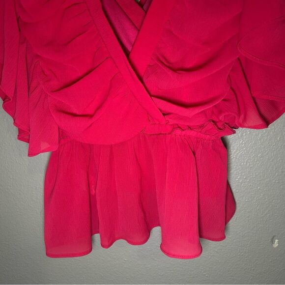 Glam hot pink plunge v neck ruffle top women’s size small - Picture 5 of 7